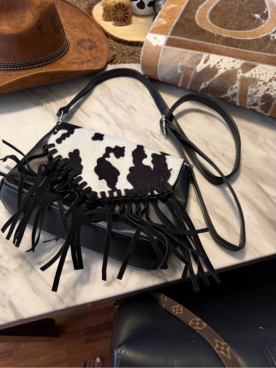 Handbags - New Black and White cowprint Fringe Crossbody Bag